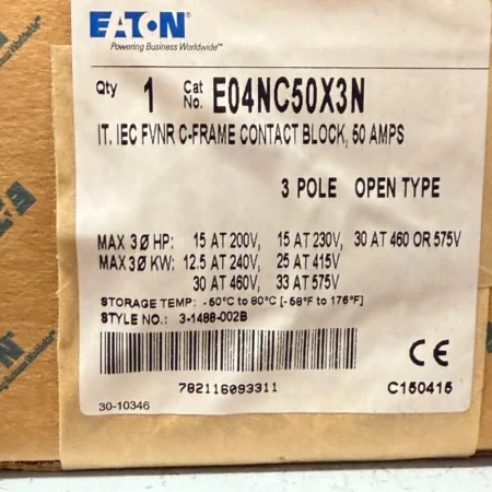 EATON E04NC50X3N MOTOR CONTROL CONTACT BLOCK 50A 3POLE 24VDC NEW READY TO SHIP