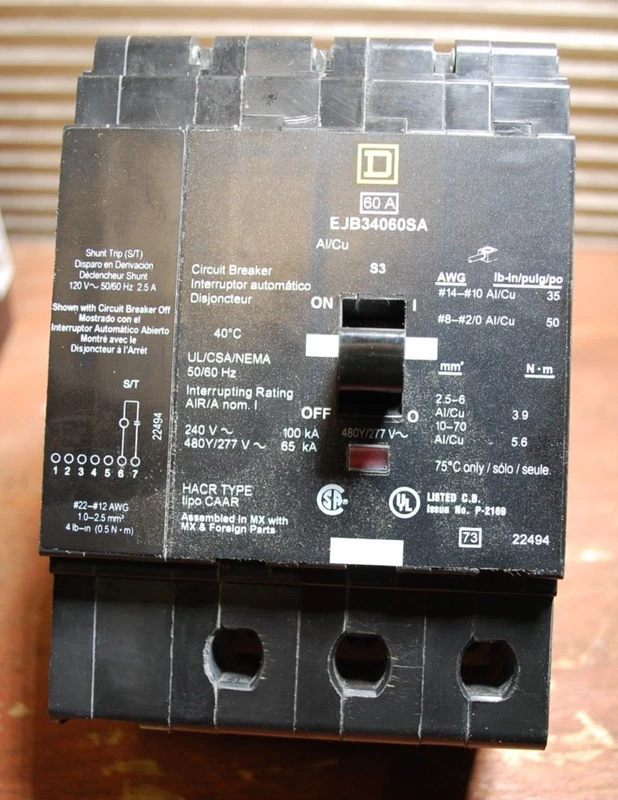 Square D EJB34060SA 60A 480Y/277V Circuit Breaker W/ Shunt Trip. 2 EJB34060SA 0