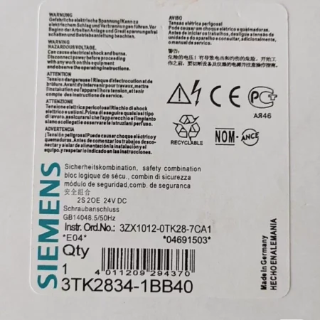 SIEMENS 3TK2834-1BB40 SAFETY RELAY