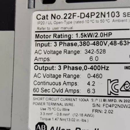 Allen-Bradley Variable Frequency Drive 22F-D4P2N103 High Perf