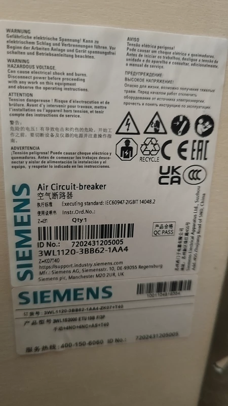 SIEMENS Air Circuit Breaker 3WL1120-3BB62-1AA4 - Durable 1 SIEMENS Air Circuit Breaker 3WL1120-3BB62-1AA4 - Durable