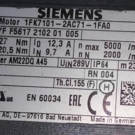 Siemens Servo Motor 1FK7101-2AC71-1FA0 2.7Nm
