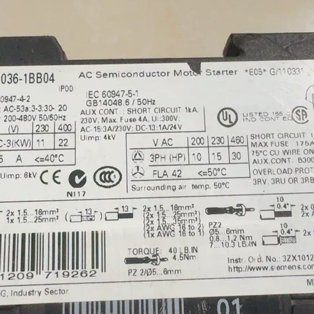 SIEMENS 3RW3036-1BB04 Soft Starter 36A Motor