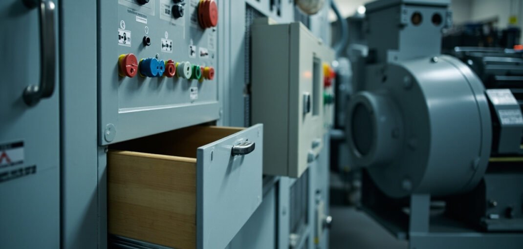 Motor Starter Selection: DOL, Star-Delta, Soft, VFD 1 Motor starter drawer with contactor, overload relay and soft starter beside a three-phase motor