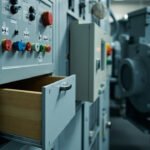 Motor starter drawer with contactor, overload relay and soft starter beside a three-phase motor
