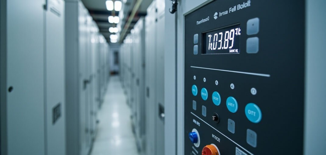 ABB Power Factor Correction Controller Configuration: RVC-L-12 Step Controller, Capacitor Bank Switching, Target Power Factor Setting, Reactive Power Compensation, Harmonic Distortion Mitigation 1 ABB power factor correction controller with capacitor bank in electrical distribution room